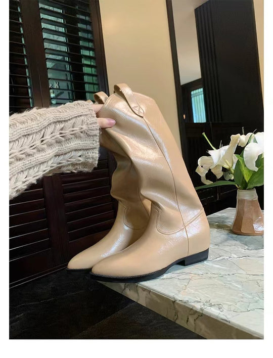 Damen Kniehohe Western‑Stiefel aus Glattleder mit spitzer Kappe und niedrigem Blockabsatz Nord Taschen