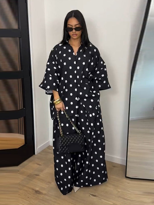 Damen Zweiteiliges Oversize-Blusen und Palazzo-Hosen Set mit Punktmuster Nord Taschen