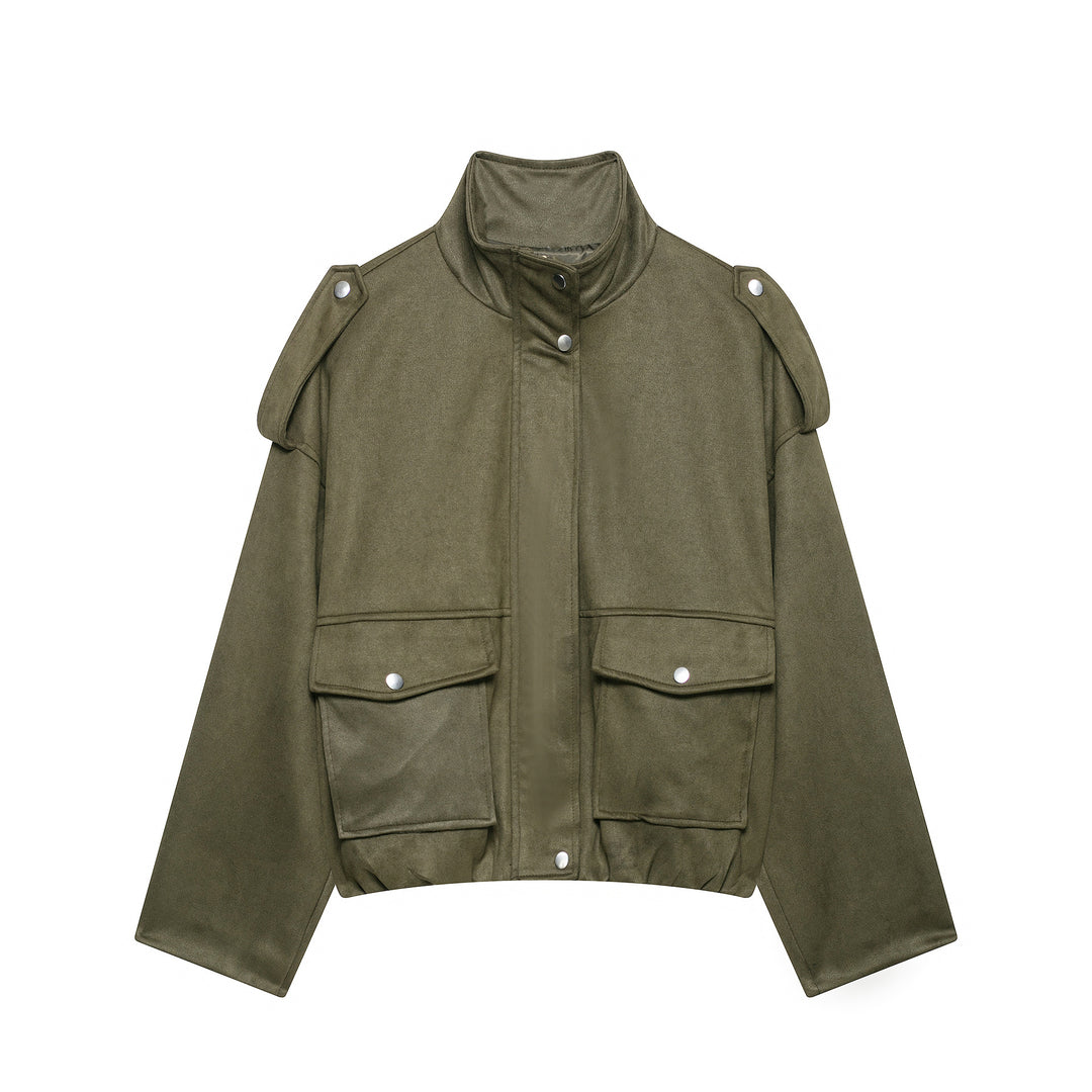 Damen Kurze Wildlederoptik-Fieldjacke mit Stehkragen, Pattentaschen und Schulterklappen Nord Taschen