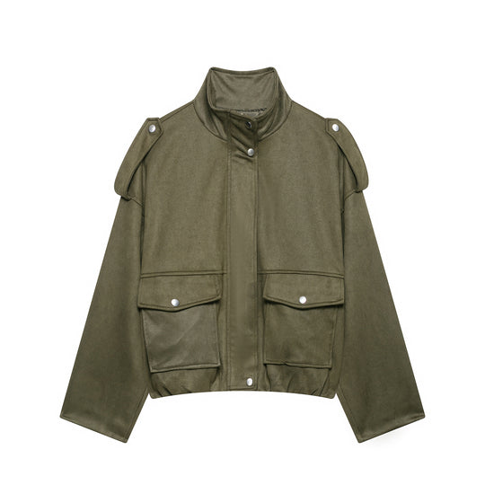 Damen Kurze Wildlederoptik-Fieldjacke mit Stehkragen, Pattentaschen und Schulterklappen Nord Taschen