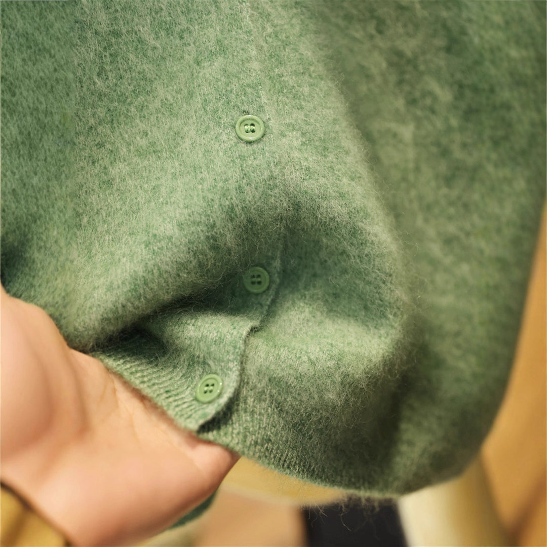 Damen Flauschiger Mohair-Optik Knopf-Cardigan mit Rundhalsausschnitt Nord Taschen