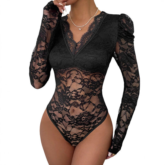 Damen Figurbetonter Spitzenbody mit transparentem Mesh, V‑Ausschnitt und Puffärmeln Nord Taschen