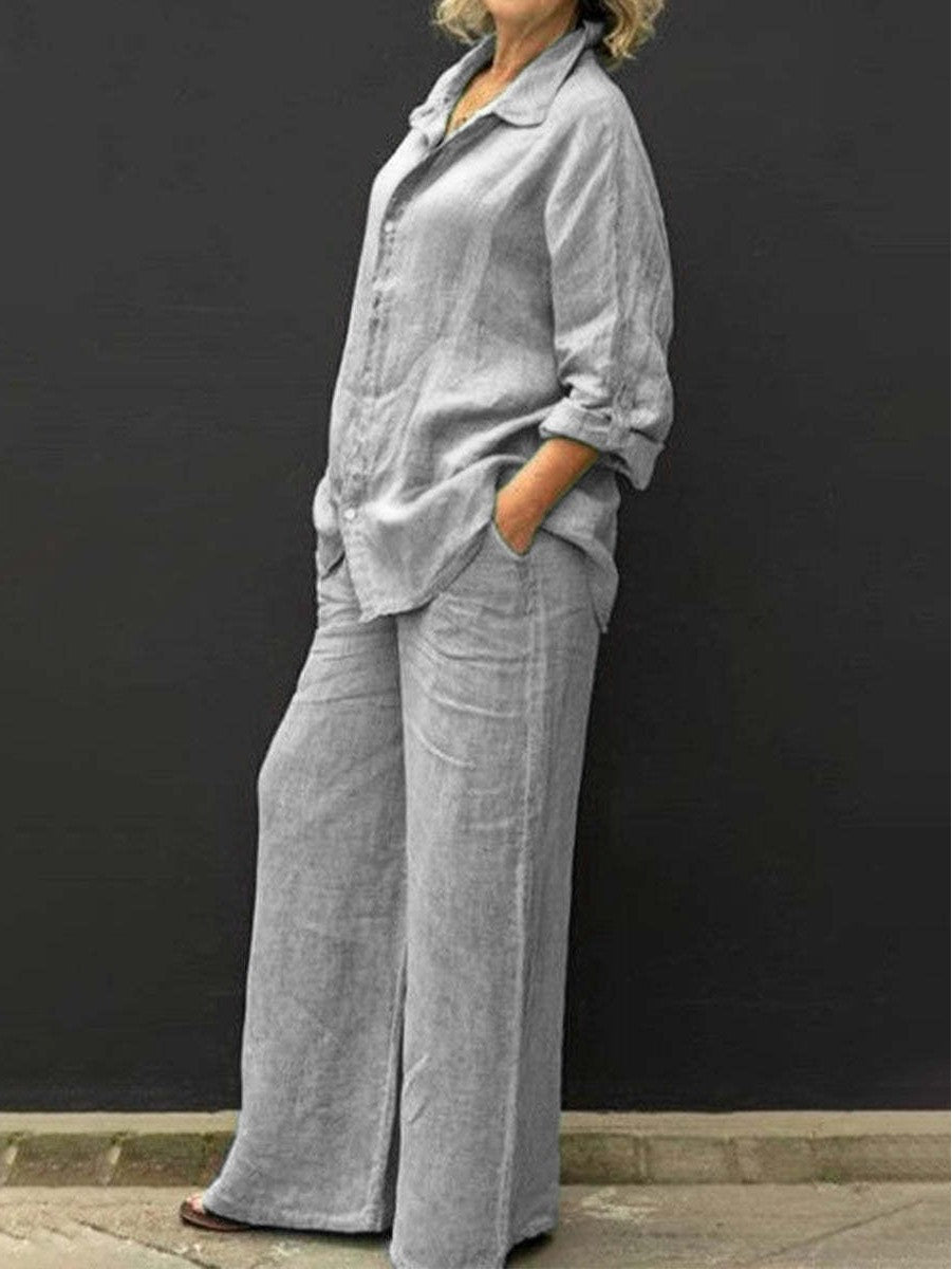Damen Entspanntes Leinen-Set mit Oversize-Hemd und weiter Palazzo-Hose Nord Taschen