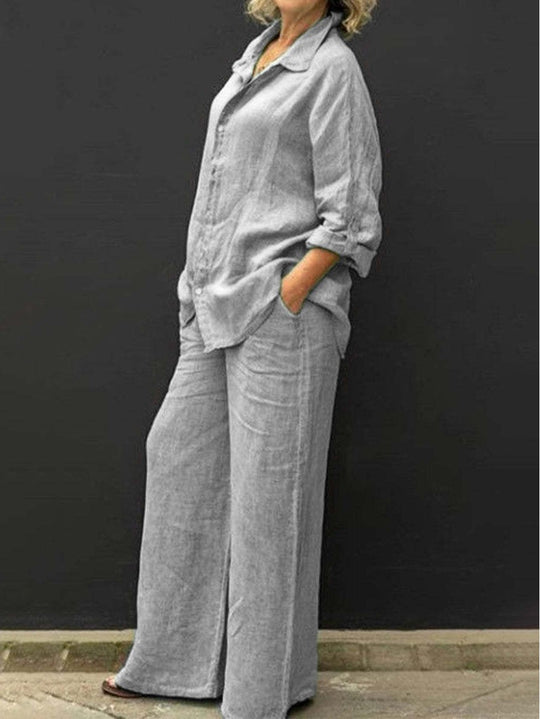 Damen Entspanntes Leinen-Set mit Oversize-Hemd und weiter Palazzo-Hose Nord Taschen