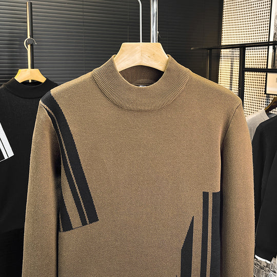 Herren Feinstrick-Pullover mit kurzem Stehkragen und geometrischem Intarsia-Design Nord Taschen