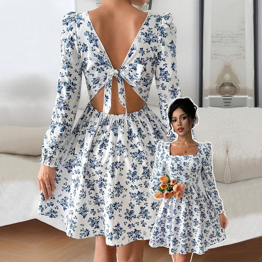 Damen florales Minikleid mit quadratischem Ausschnitt tailliertem Schößchen und langen Puffärmeln Nord Taschen