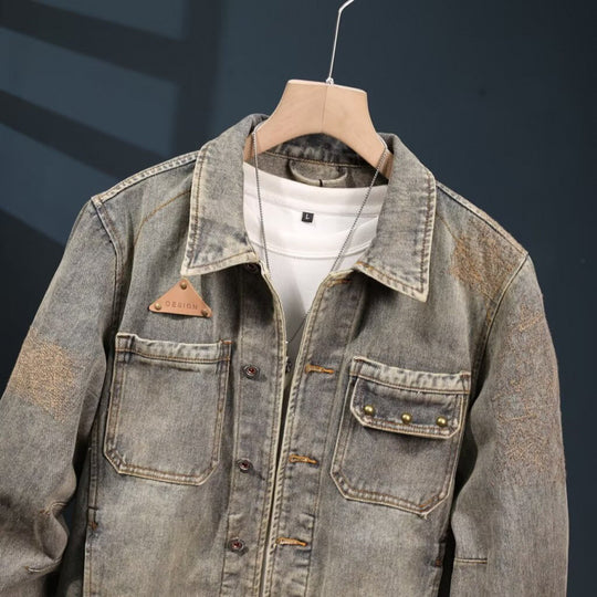 Herren Vintage-inspirierte Jeansjacke im Worker-Look mit Used-Wash und aufgesetzten Brusttaschen Nord Taschen