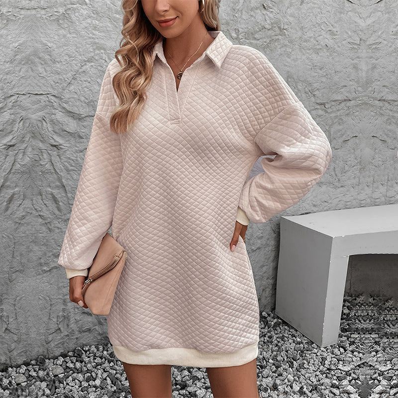 Damen Gesteppte Sweatkleid-Tunika mit Polokragen und geripptem Saum Nord Taschen