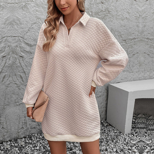 Damen Gesteppte Sweatkleid-Tunika mit Polokragen und geripptem Saum Nord Taschen
