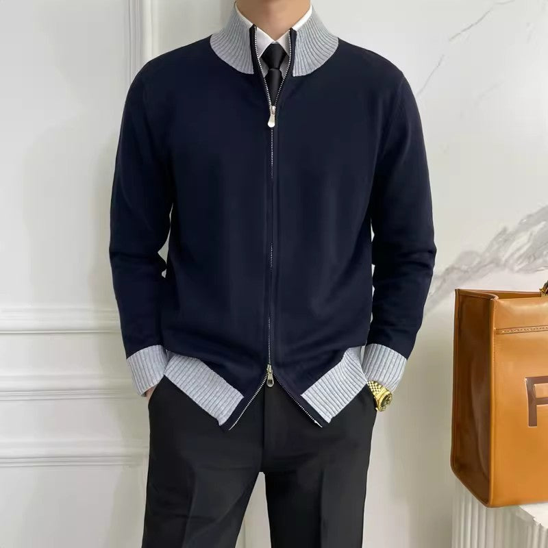 Herren Reißverschluss-Feinstrick-Cardigan mit Stehkragen und geripptem Saum Nord Taschen