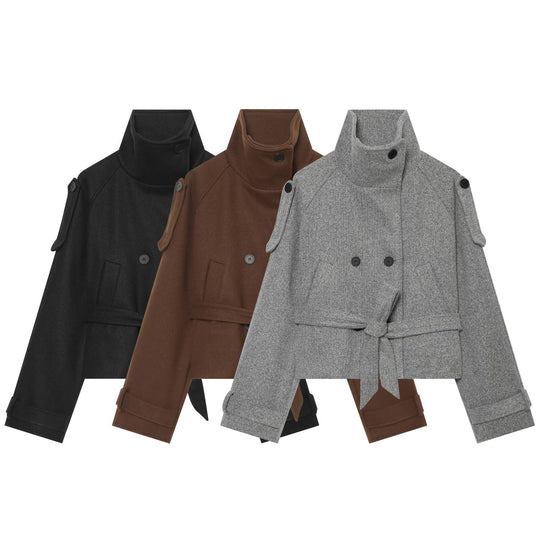 Damen Kurze Wollmix-Capejacke mit Taillengürtel und Funnelkragen Nord Taschen