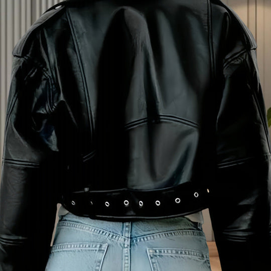 Damen modische Kunstlederjacke im Biker-Stil mit strukturiertem Design - Vittorelli