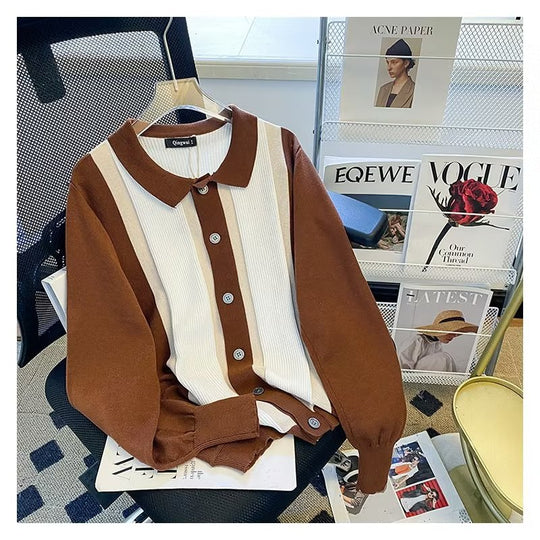 Damen Feinstrick-Cardigan mit Polokragen, kontrastierenden Rippeinsätzen und durchgehender Knopfleiste Nord Taschen