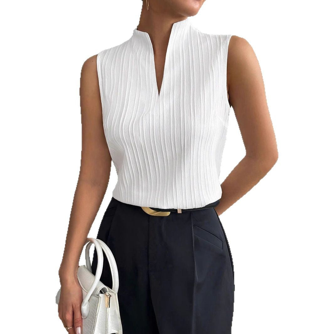 Damen Elegantes Top mit Stehkragen und feinen Plisseefalten