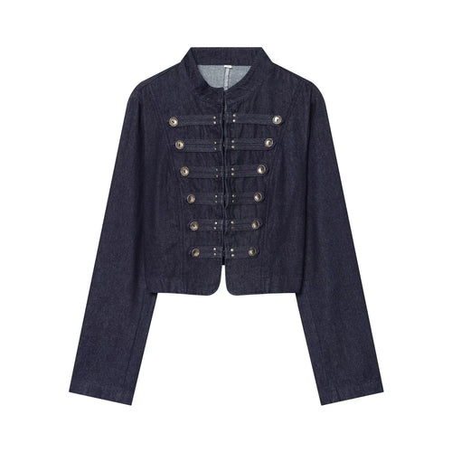 Damen kurze Denim‑Militärjacke mit Stehkragen und dekorativer Zierknopfleiste Nord Taschen