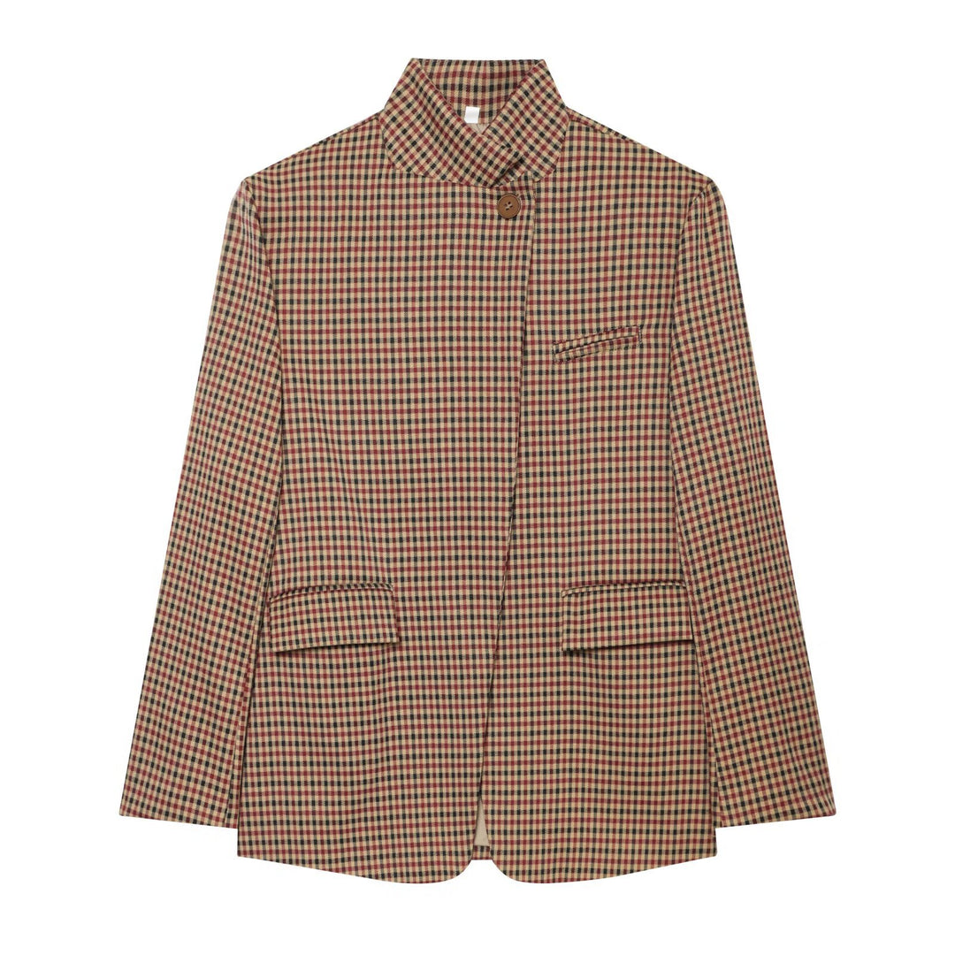Damen Karierter Longblazer mit Stehkragen, verdeckter Knopfleiste und Pattentaschen Nord Taschen