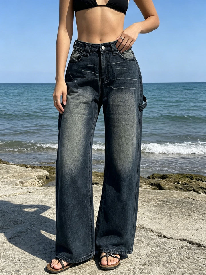 Damen weite High‑Waist Carpenter-Denimhose mit Utility-Seitentasche und ausgestelltem Bein Nord Taschen