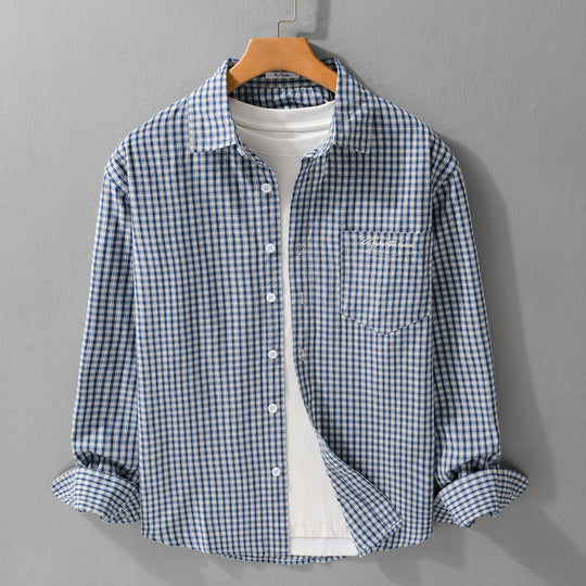 Herren Overshirt-Hemd im feinen Vichy-Karo aus weichem Baumwoll-Twill mit aufgesetzter Brusttasche Nord Taschen