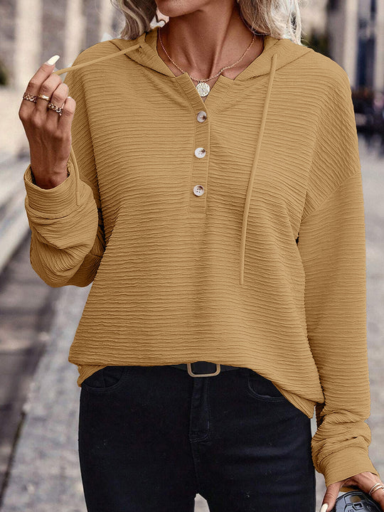 Damen Texturierter Kapuzenpullover mit Knopfleiste und Oversize-Schnitt Nord Taschen