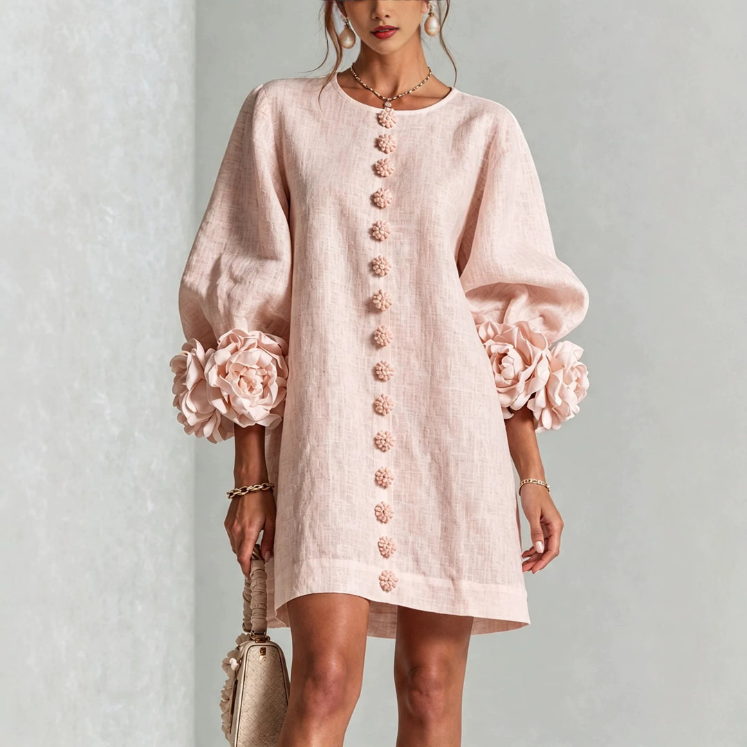 Damen Leinenkleid im A‑Linien‑Schnitt mit Ballonärmeln und 3D‑Blütenverzierung Nord Taschen