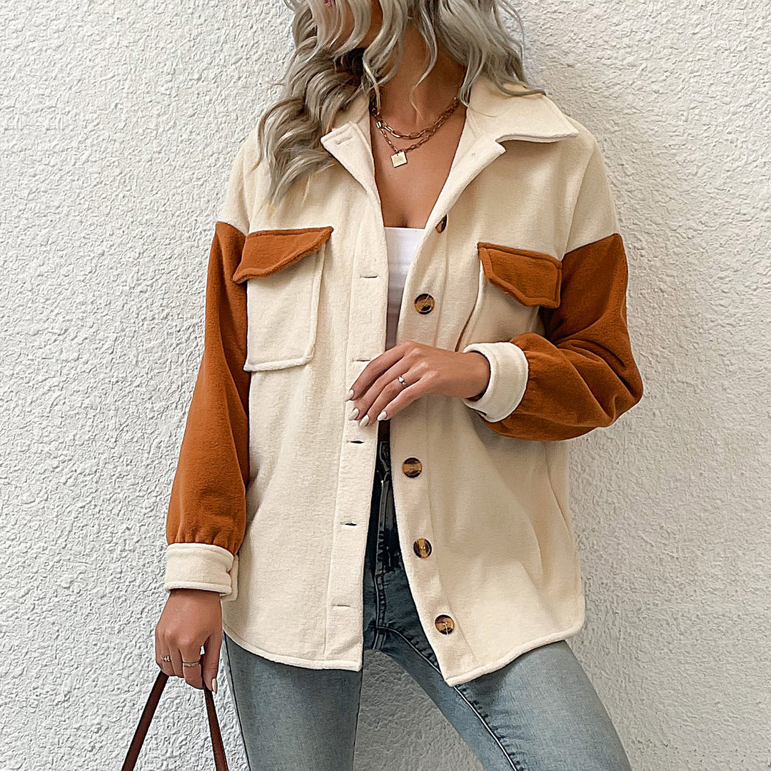Damen Oversize-Hemdjacke mit Kontrastärmeln und aufgesetzten Brusttaschen Nord Taschen