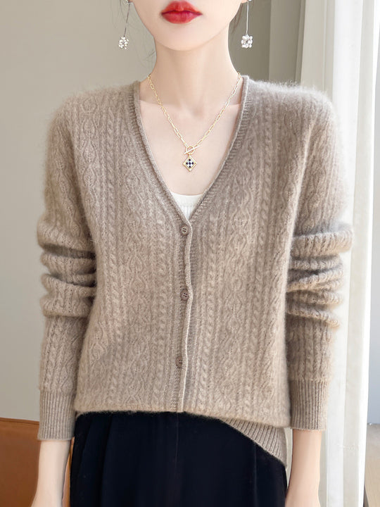 Damen Kurzer Zopfmuster-Cardigan im Mohair-Look mit V‑Ausschnitt und gerippten Bündchen Nord Taschen