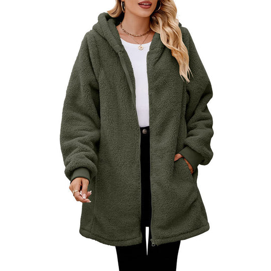 Damen kuschelige Fleecejacke mit Kapuze und Reißverschluss