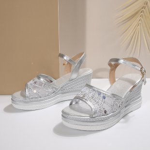 Damen bequeme Wedge-Sandalen mit buntem Muster und verstellbaren Riemen