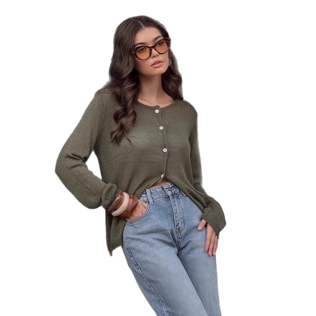Damen leichter halbtransparenter Feinstrick-Cardigan mit Rundhals und Knopfleiste Nord Taschen