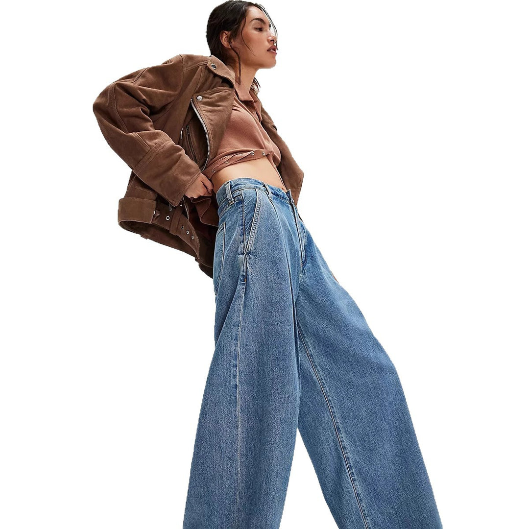 Damen hochgeschnittene Denim-Palazzohose mit markanten Bundfalten und extra weitem Bein Nord Taschen