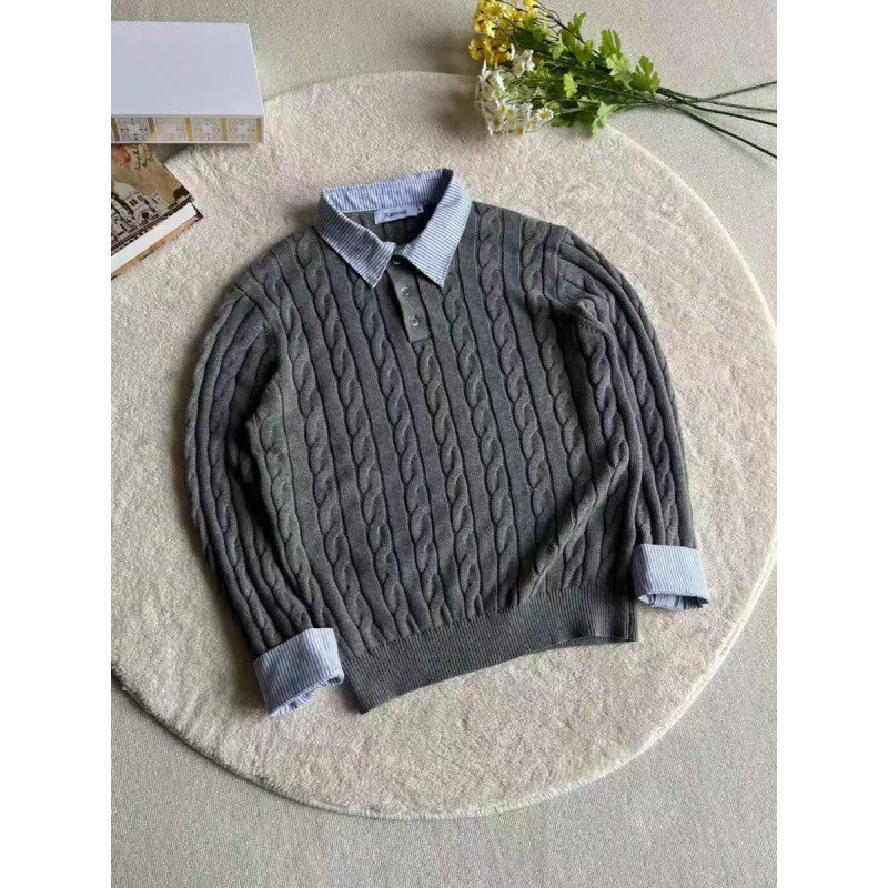 Damen gestrickter Polo-Pullover mit Zopfmuster und eingesetztem Hemdkragen Nord Taschen