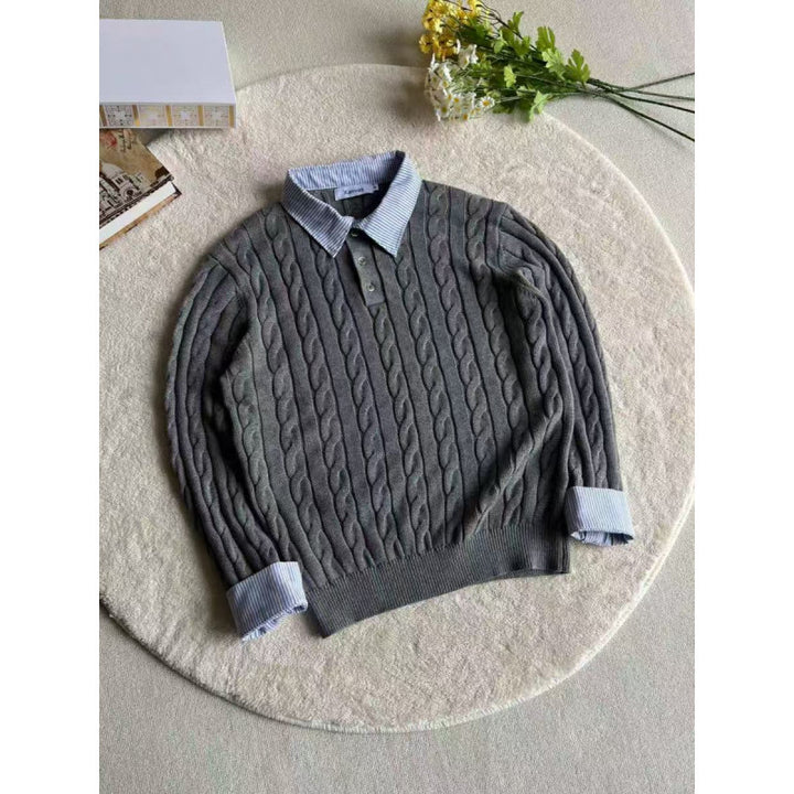 Damen gestrickter Polo-Pullover mit Zopfmuster und eingesetztem Hemdkragen Nord Taschen