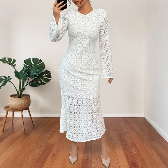 Damen Midikleid aus Häkelspitze mit taillierter Silhouette, Trompetenärmeln und ausgestelltem Saum Nord Taschen