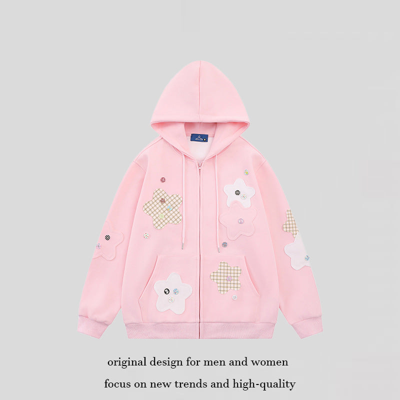 Damen Oversize-Zip-Hoodie mit floralen Stern-Applikationen und Knopf-Details Nord Taschen