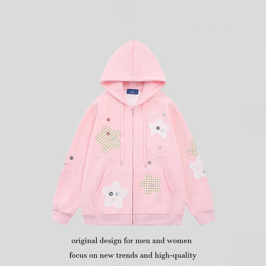 Damen Oversize-Zip-Hoodie mit floralen Stern-Applikationen und Knopf-Details Nord Taschen