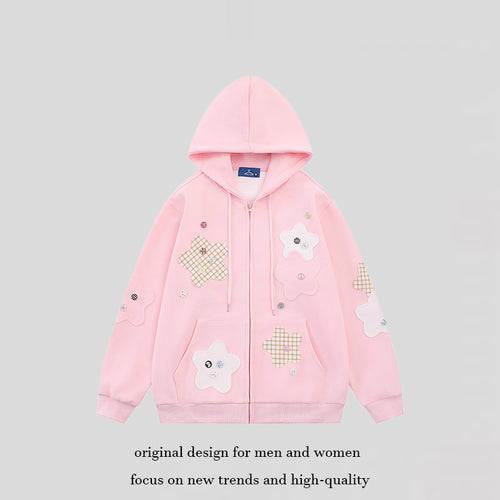 Damen Oversize-Zip-Hoodie mit floralen Stern-Applikationen und Knopf-Details Nord Taschen