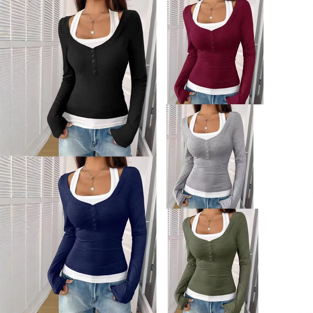 Damen Figurnahes langärmliges Henley-Shirt mit tiefem U-Ausschnitt und Knopfblende Nord Taschen
