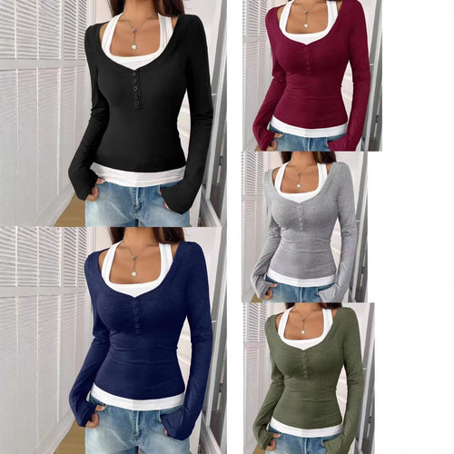 Damen Figurnahes langärmliges Henley-Shirt mit tiefem U-Ausschnitt und Knopfblende Nord Taschen