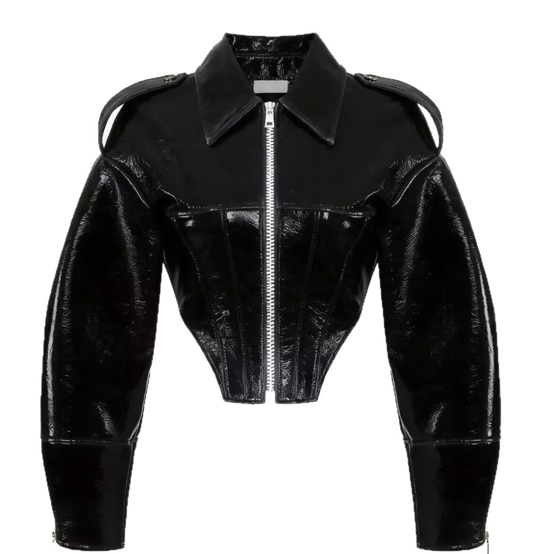 Damen kurz geschnittener Lackoptik-Blouson mit tailliertem Korsett-Schnitt Nord Taschen