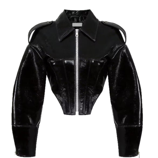 Damen kurz geschnittener Lackoptik-Blouson mit tailliertem Korsett-Schnitt Nord Taschen