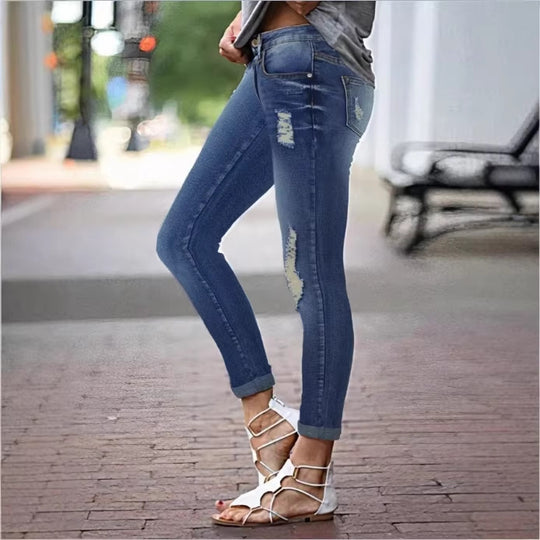 Damen Cropped Slim-Fit Denimhose mit mittelhohem Bund, Cuffed‑Saum und dezenter Used‑Optik Nord Taschen
