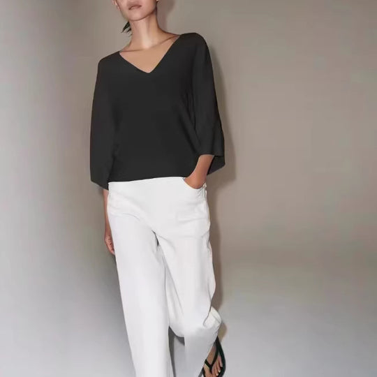 Damen Oversize V-Ausschnitt-Top mit Kimonoärmeln Nord Taschen
