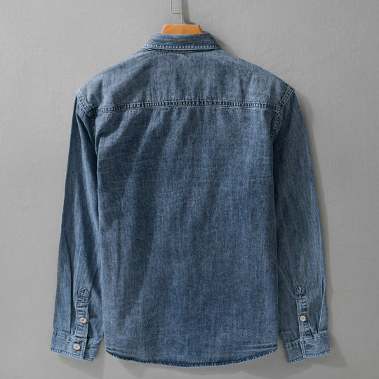Herren entspanntes Denim-Overshirt mit Knopfleiste und Bruststickerei Nord Taschen