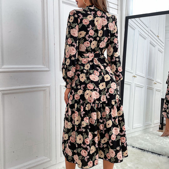 Damen Blumenkleid mit Rüschen und langen Ärmeln Nord Taschen