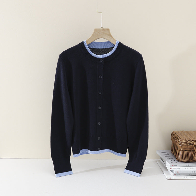 Damen Leichter Feinstrick-Cardigan mit Rundhals, Kontrastbündchen und durchgehender Knopfleiste Nord Taschen