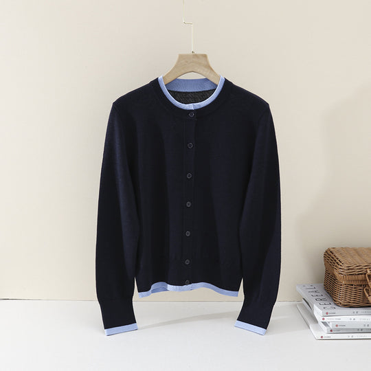 Damen Leichter Feinstrick-Cardigan mit Rundhals, Kontrastbündchen und durchgehender Knopfleiste Nord Taschen