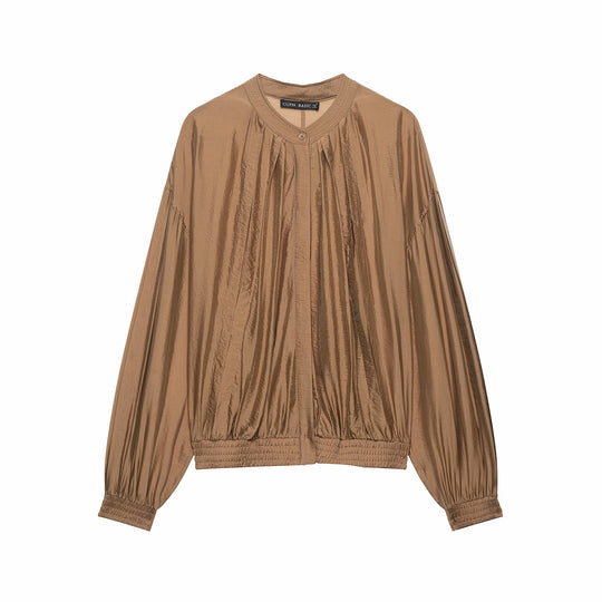 Damen Plissierte Satin-Cropped-Bluse mit Ballonärmeln und gerafftem Gummibund Nord Taschen