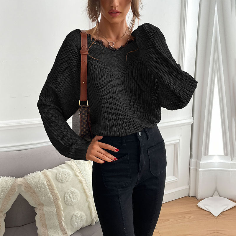 Damen Eleganter Strickpullover mit V-Ausschnitt und großem Muster Nord Taschen