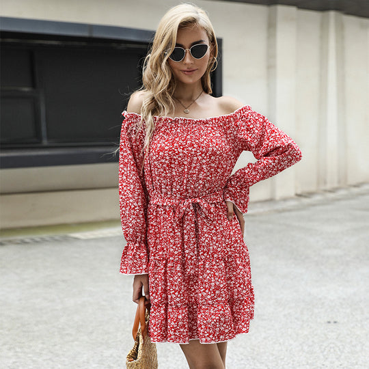Damen schulterfreies Blumenkleid mit Carmenausschnitt, Taillenschnürung und Rüschensaum Nord Taschen