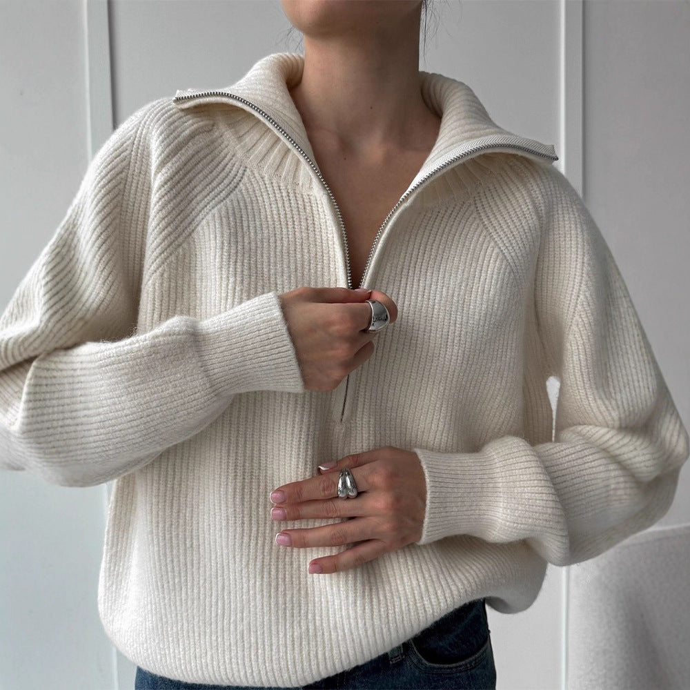 Damen Gerippter Wollmix-Pullover mit halbem Reißverschluss und weitem Stehkragen Nord Taschen